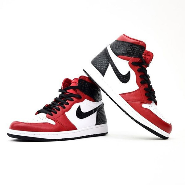Red, white, and black Nike high-top sneaker samples